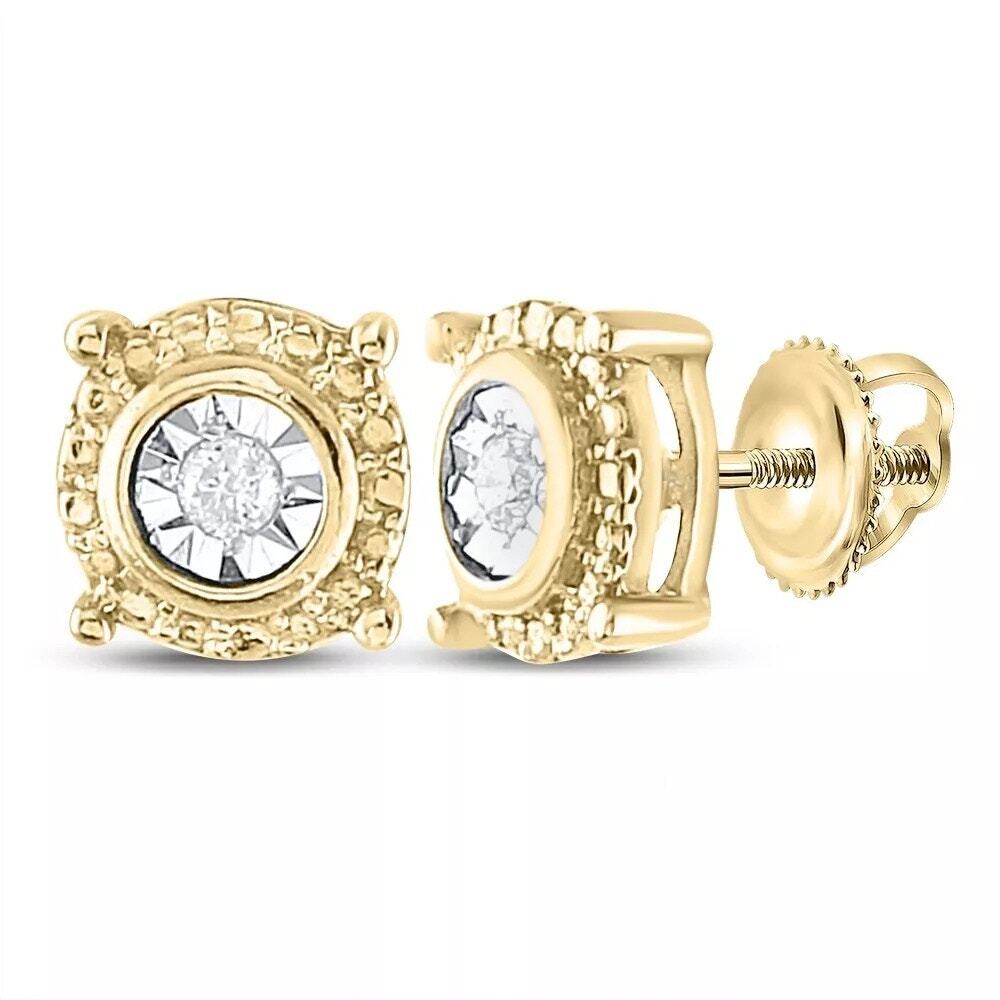 Diamond Mens Stud Earrings 925 Sterling Silver Yellow tone Screw Back